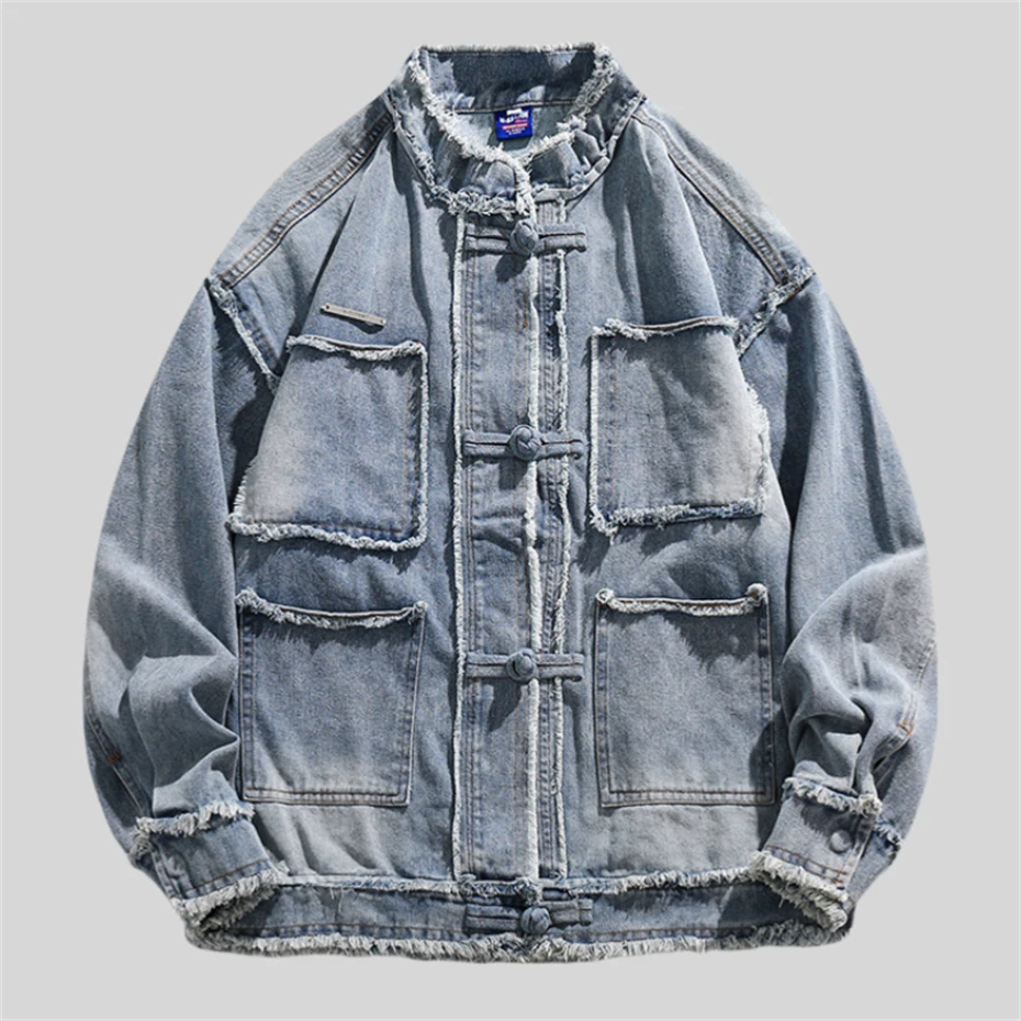 

Denim Jackets Men Patchwork Raw Edge Hip Hop American Style High Street Overcoats Couple Spring Autumn Loose Casual Jacket Male