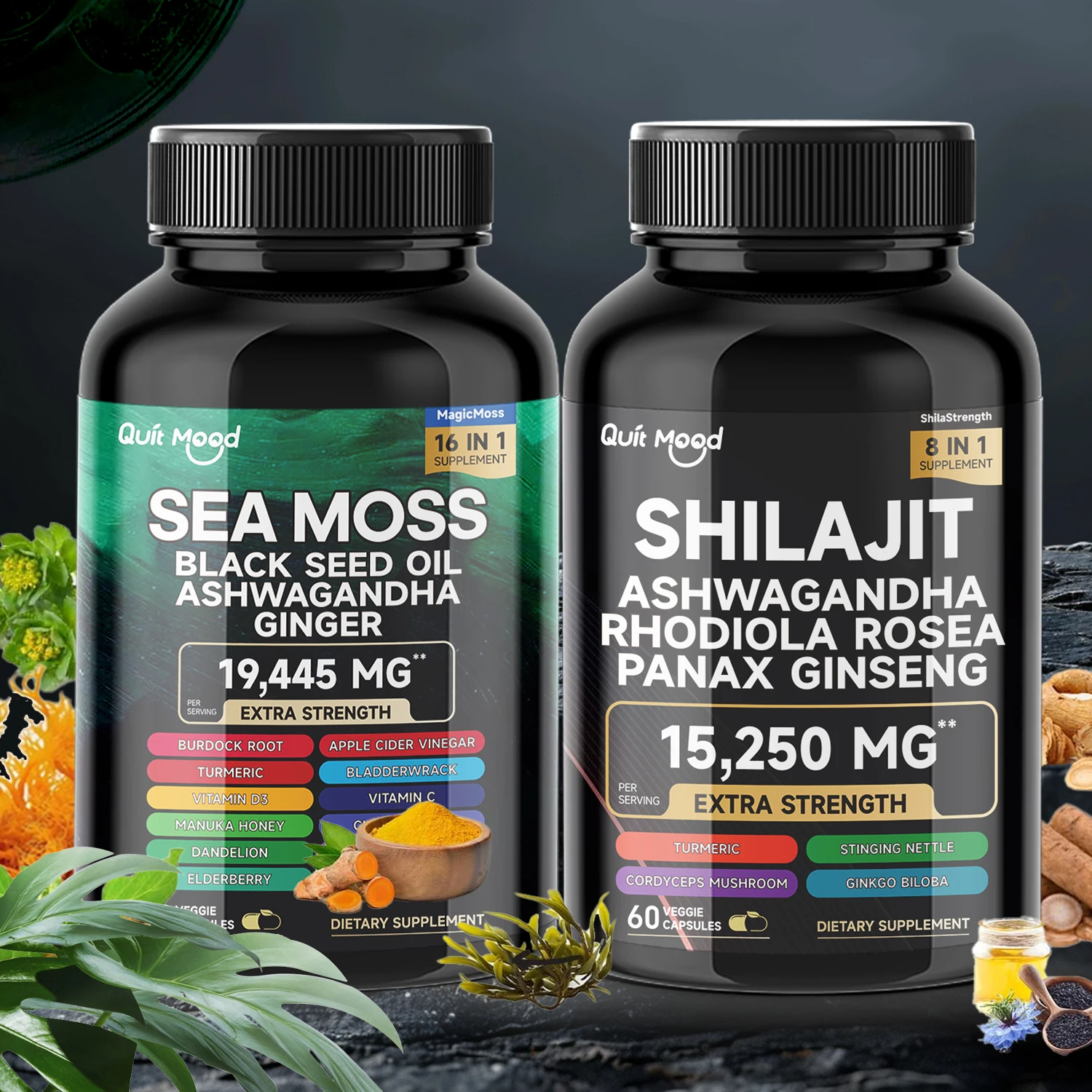 Bundle Sea Moss and shilajit |High Potency Vitality Combo - Ashwagandha Turmeric Bladder, Burdock 2000 Mg  & Ginger, Vitamin C