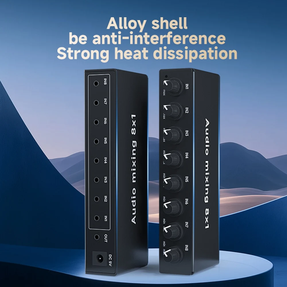 

【ДЕНЬ БЛАГОДАРЕНЬЯ】Аудиомикшер 8 входов/1 выход для живой записи звука с 8 портами и разъемами 3,5 мм, селектор входов AUX с регулировкой.