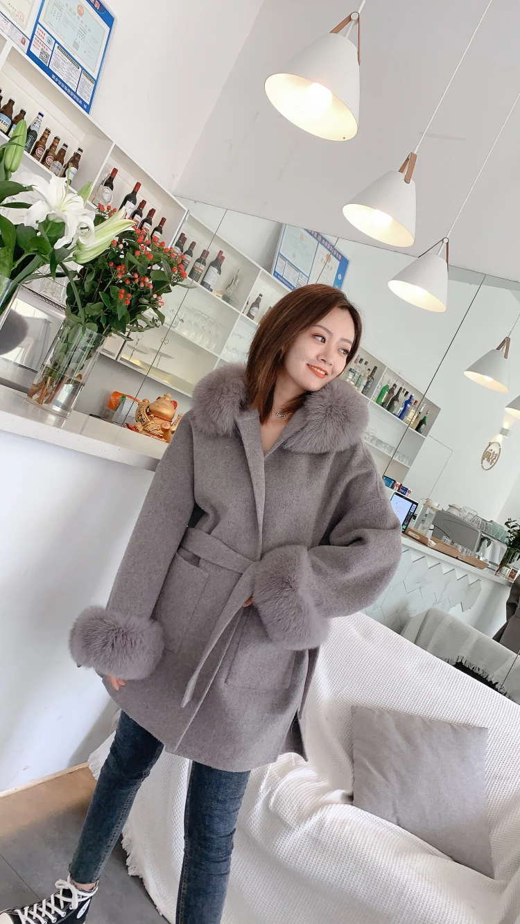 FURYOUME Real Fur Coat for Women Oversize Jacket Loose Cashmere Wool Blends Natural Fox Fur Hood Outerwear with Belt Winter