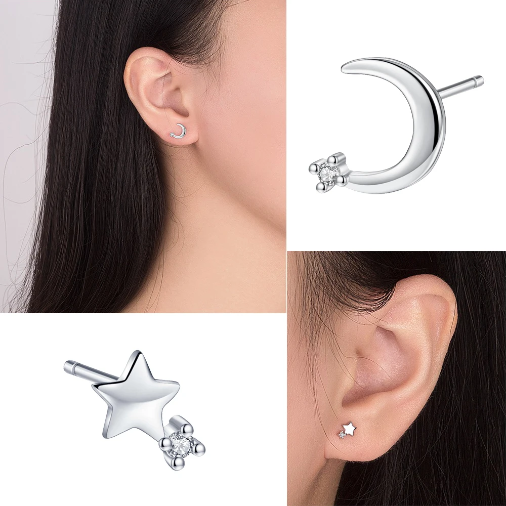 Real 925 Sterling Silver Jewelry Fashion High-qaulity Crystal Asymmetrical Moon Star Stud Earrings For Women New XY0242