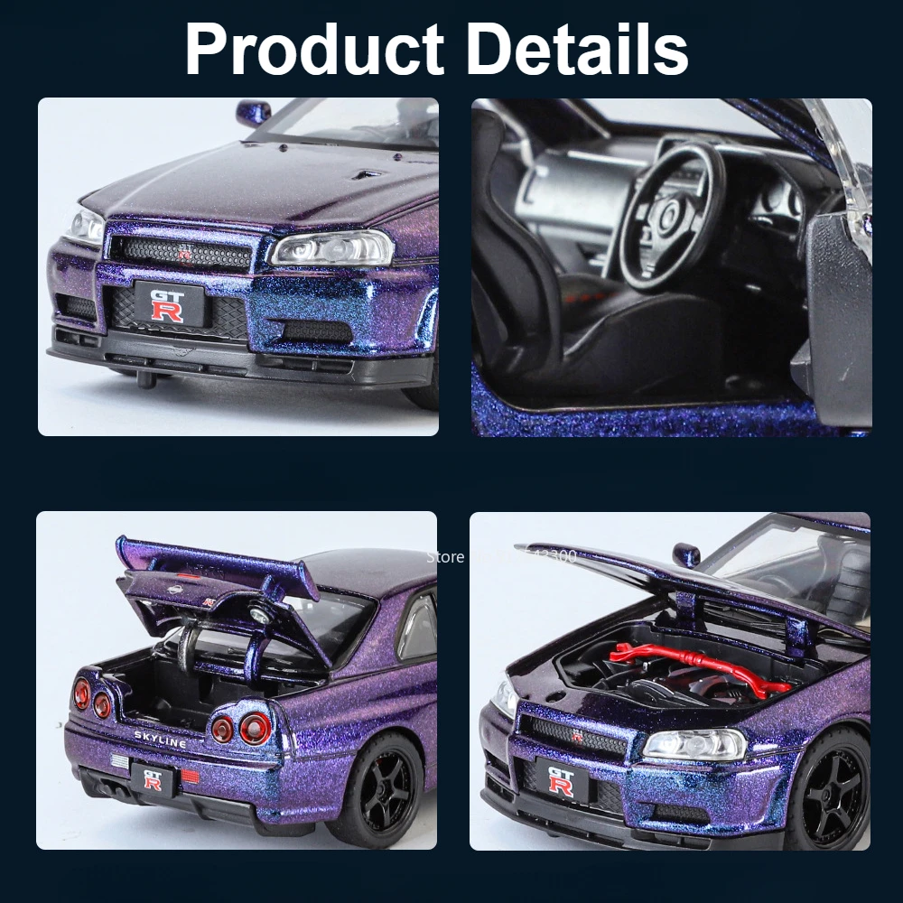 1:32 Scale Nissan SKYLINE GTR R34 Sports Car Model Toy Metal Diecast Pull Back Light Music 4 Doors Opened Vehicle Ornaments Gift