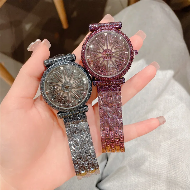 Cacaxi Brand Women Quartz Watches Full Diamond Rotating Dial Wristwatch Relojes Mujer Lady Purple Watch Relogio Feminino A302