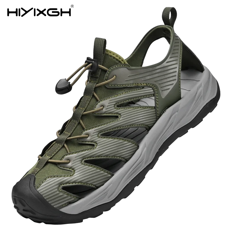 

Мужские сандалии ручной работы, нескользящие летние сетчатые туфли на плоской подошве, мужская подходящая пляжная обувь, сандалии для отдыха с защитой от столкновений, болотная обувь цвета морской волны
