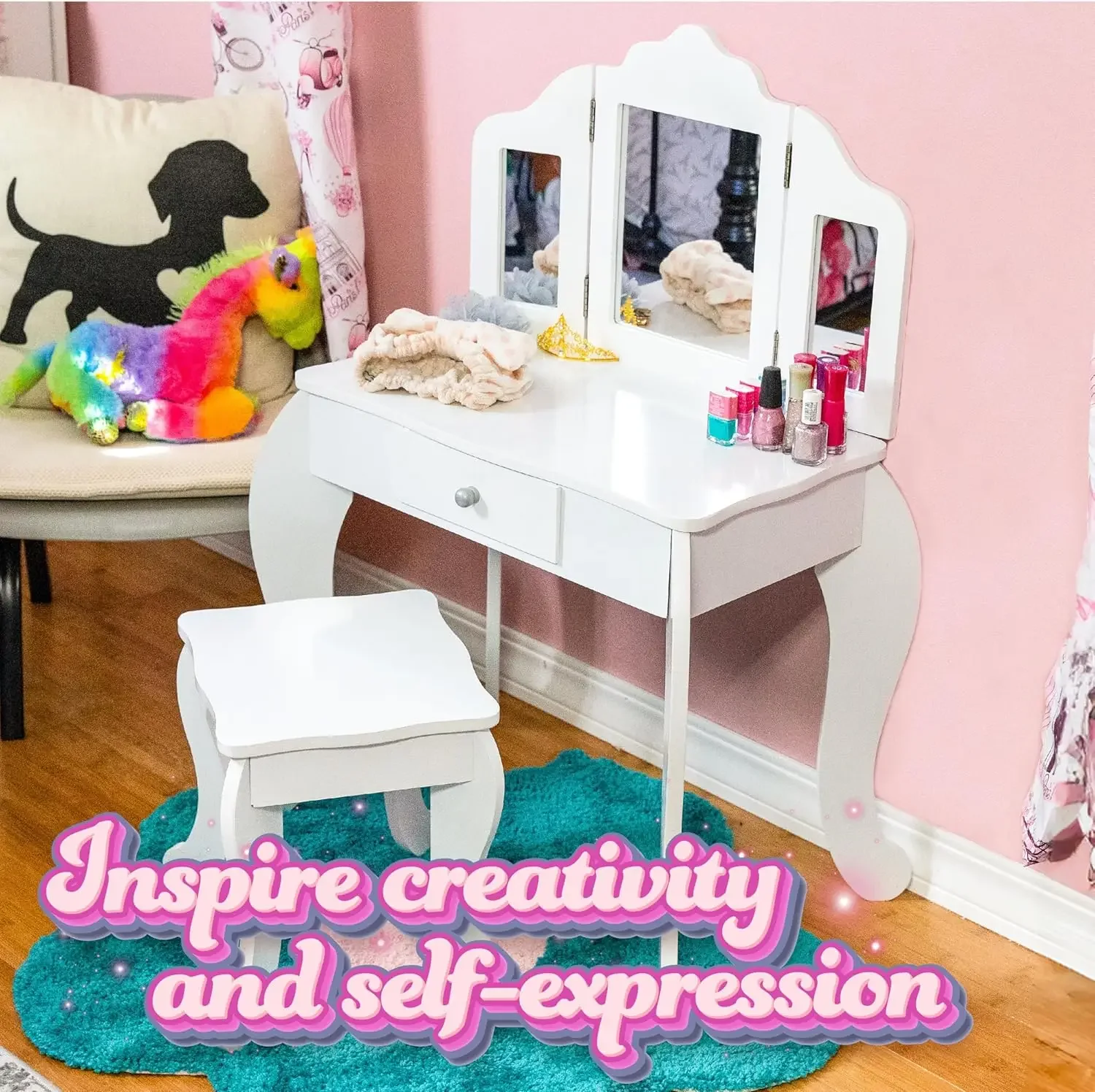 Beauty Bliss-Ensemble de vanité en bois pour petites filles, bureau de courtoisie pour enfants avec miroir, MEL, et tabouret, blanc