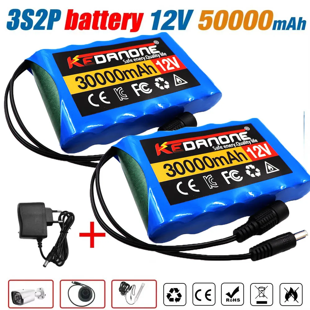 

100% New 3S2P Protection Plate12V 50Ah Battery Pack 12V 50Ah 18650 Lithium ion DC 12.6V Super Rechargeable Battery + Charger