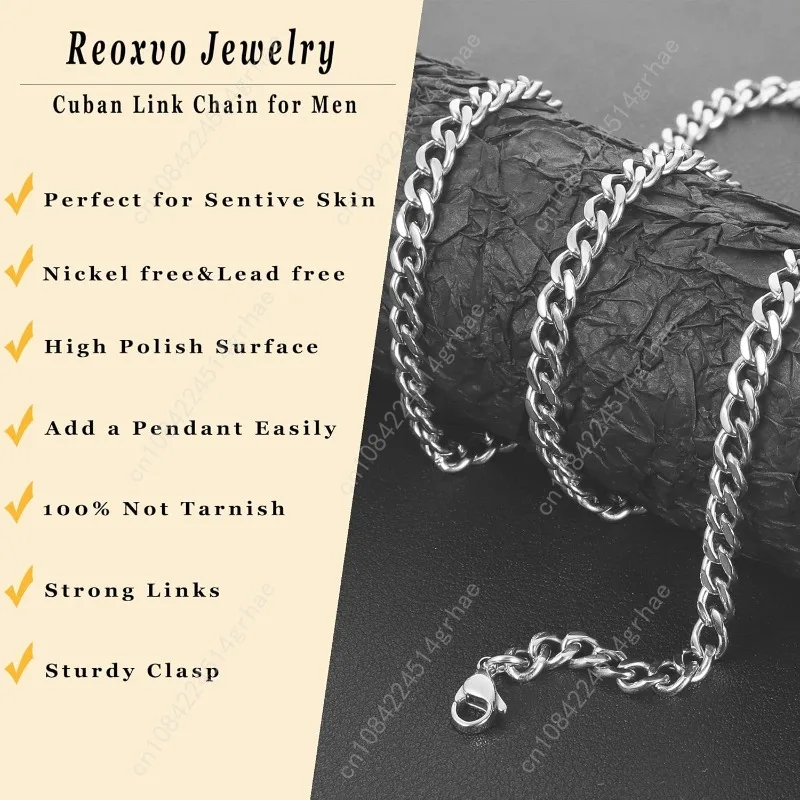 ของขวัญคริสต์มาส Reoxvo สำหรับผู้ชาย สร้อยคอแบบ Cuban Link สำหรับผู้ชาย สร้อยคอสแตนเลสสำหรับผู้ชาย ขนาด 5 มม. อุปกรณ์เสริม