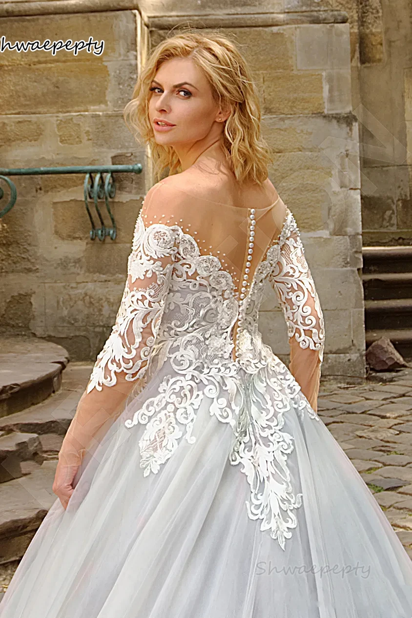 Robe de mariée en tulle avec appliques en dentelle pour femme, robe longue argentée, robe de patients, Demi-manches, robe de jardin, design moderne, ligne A