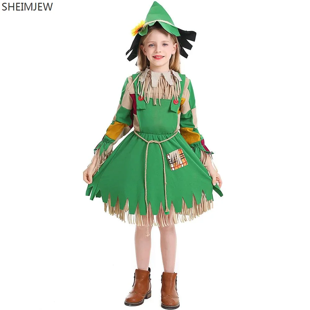 2024 Green Fake Two Pieces Girls Puppet Dress With Flower With Patch Straw Doll Clothes Carnival Tassel Children's Clothing