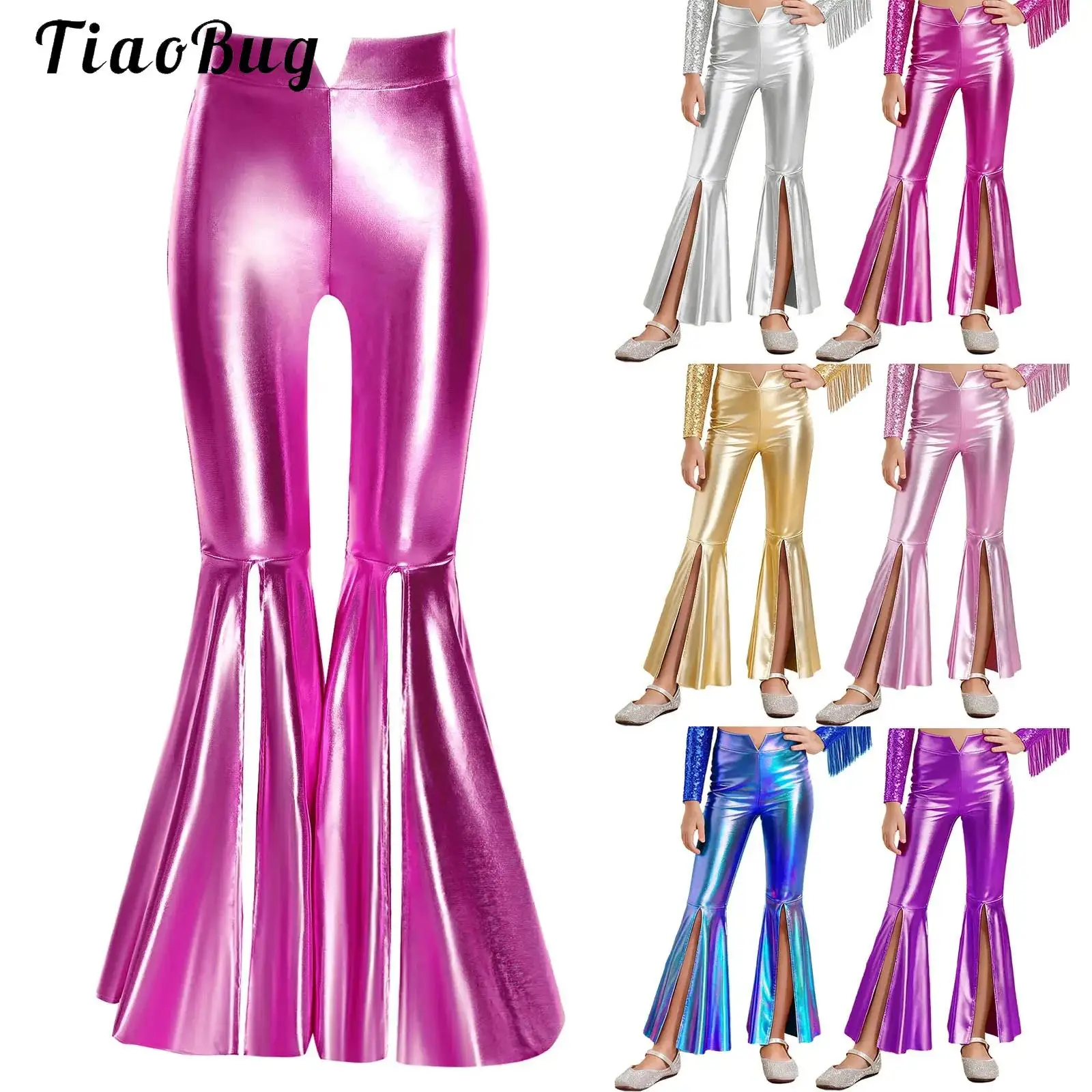 

Girls Glossy Metallic Leggings Shiny Flare Trousers Bronzing Bell-bottom Wide Leg Pants Halloween 70s Disco Dance Hippie Costume