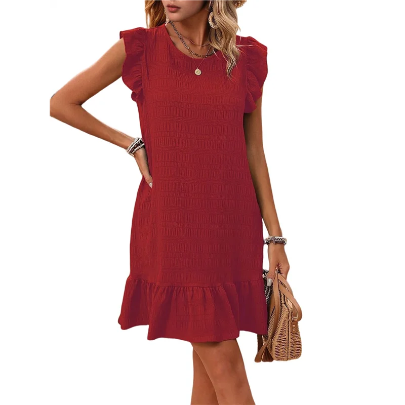【Decorazione per feste】Vestiti estivi da donna, girocollo, maniche ad aletta, orlo con volant, mini abito grembiule casual