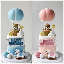 Bear Cake Toppers for Boy or Girl Baby Shower Children's Birthday Party Decoration Hot Air Balloon Cake Topper Pink Blue Green