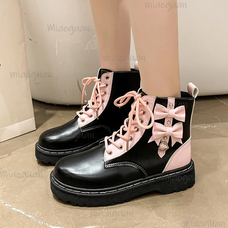 

Women's Cute Lolita Platform Ankle Boots Black/White Bowknot Lace-Up Bottes Low Heel Sweet Fashion Botines for Women Botas Mujer