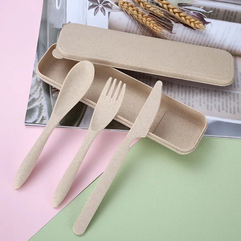 Colorful Wheat Straw Knife Fork Spoon Set with Storage Box Outdoor Camping Portable Plastic Tableware Student Lunch Cutlery Set