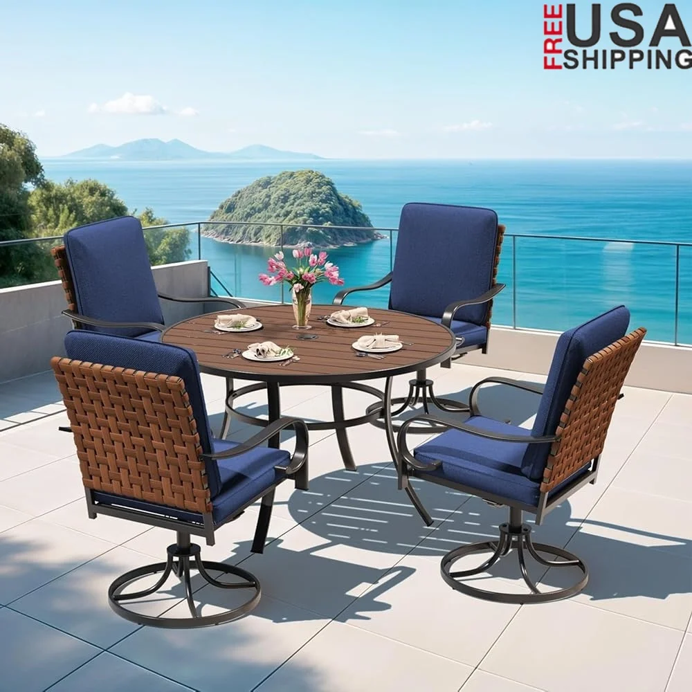 

5-Piece Outdoor Dining Set Swivel Chairs Cushions Round Table Umbrella Hole All-Weather Patio Furniture Garden Decor