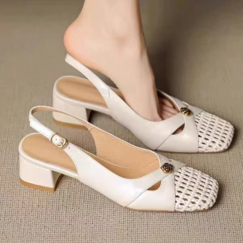 

Women Leather Woven Hollow Out Closed Toe Sandals Summer New Soft sole Non Slip Block Heel Buckle Strap High Quality Sandals