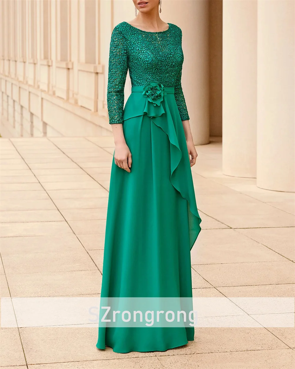 Abito da sera con corsetto con paillettes o-collo con maniche a 3/4 Abito da cerimonia per la madre della sposa con volant in chiffon a trapezio lungo fino al pavimento Personalizzato