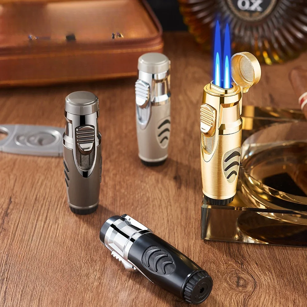 Metal Jet Blue Flame Gas Lighter Windproof Portable Turbine Torch Lighter Outdoor Barbecue Kitchen Moxibustion Charcoal Igniter