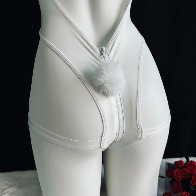 

New Erotic Original Sexy Cute Bunny Girl Cosplay White Faux Leather Zipper Jumpsuit Backless Halloween Temptation Anime Lingerie