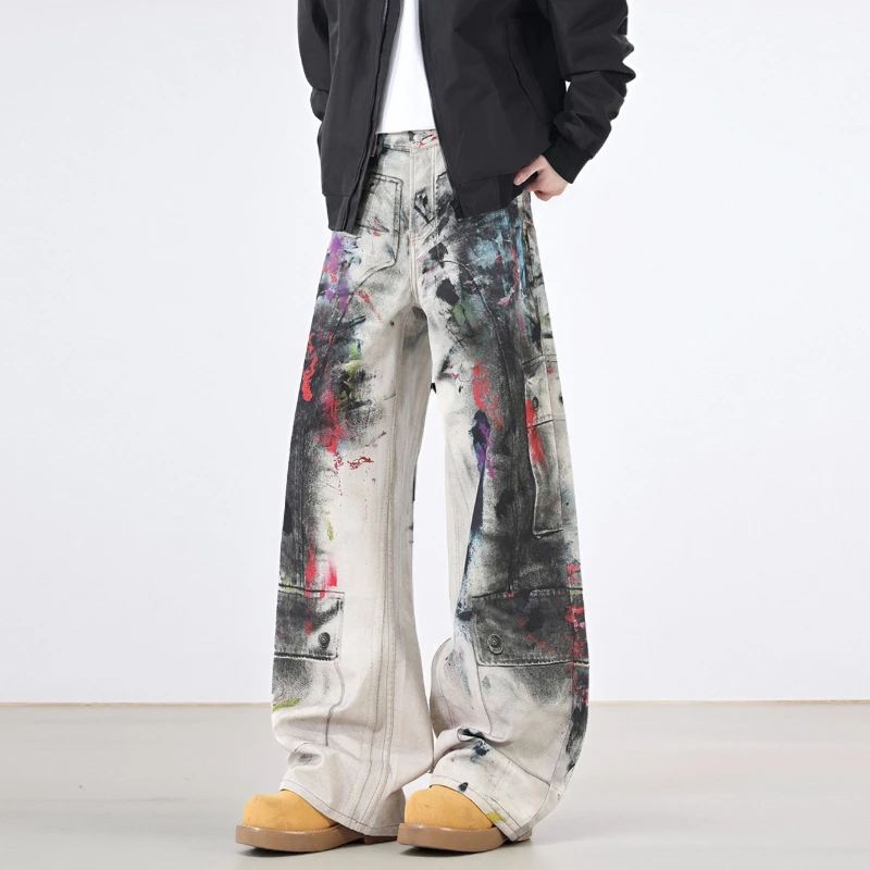 Fashion Splicing Graffiti Jeans New Autumn Winter American Street Loose Wide Leg Denim Trousers Concert Hip Hop Versatile Pants