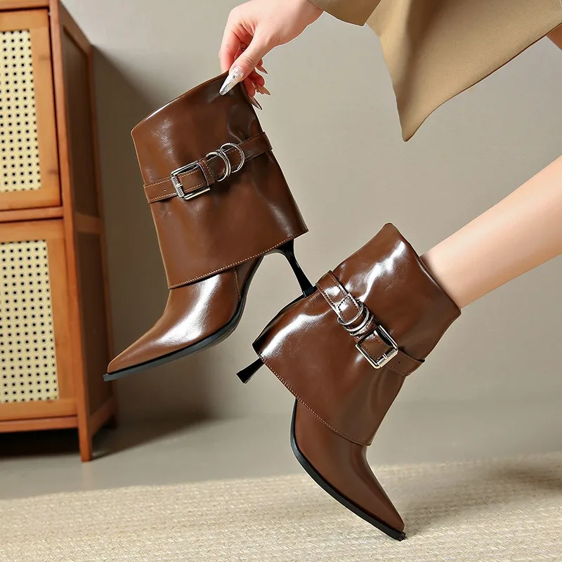 Designer Metal Belt Buckle Stilettos Ankle Boots Women 2026 Trend Pointed Toe High Heel Pipe Short Boots Women Sexy Winter Shoes