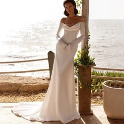 Modern Sheath Wedding Dress Off the Shoulder Long Sleeves with Pleat Floor Length Bride Sweep Train Marriage Gowns Custom Made