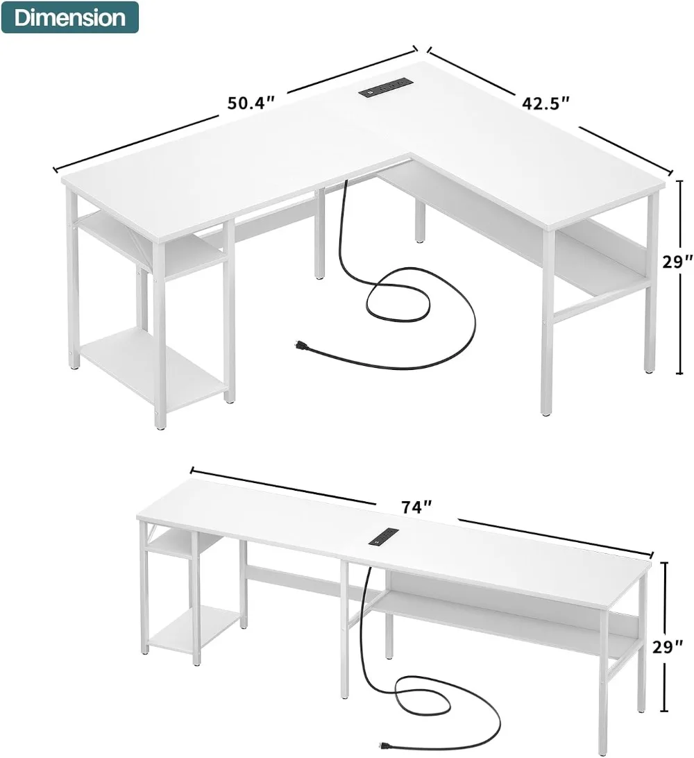 Reversible L Shaped Computer Desk with Outlets and USB Charging Ports with Storage Shelves for Home Office Easy Assemble White