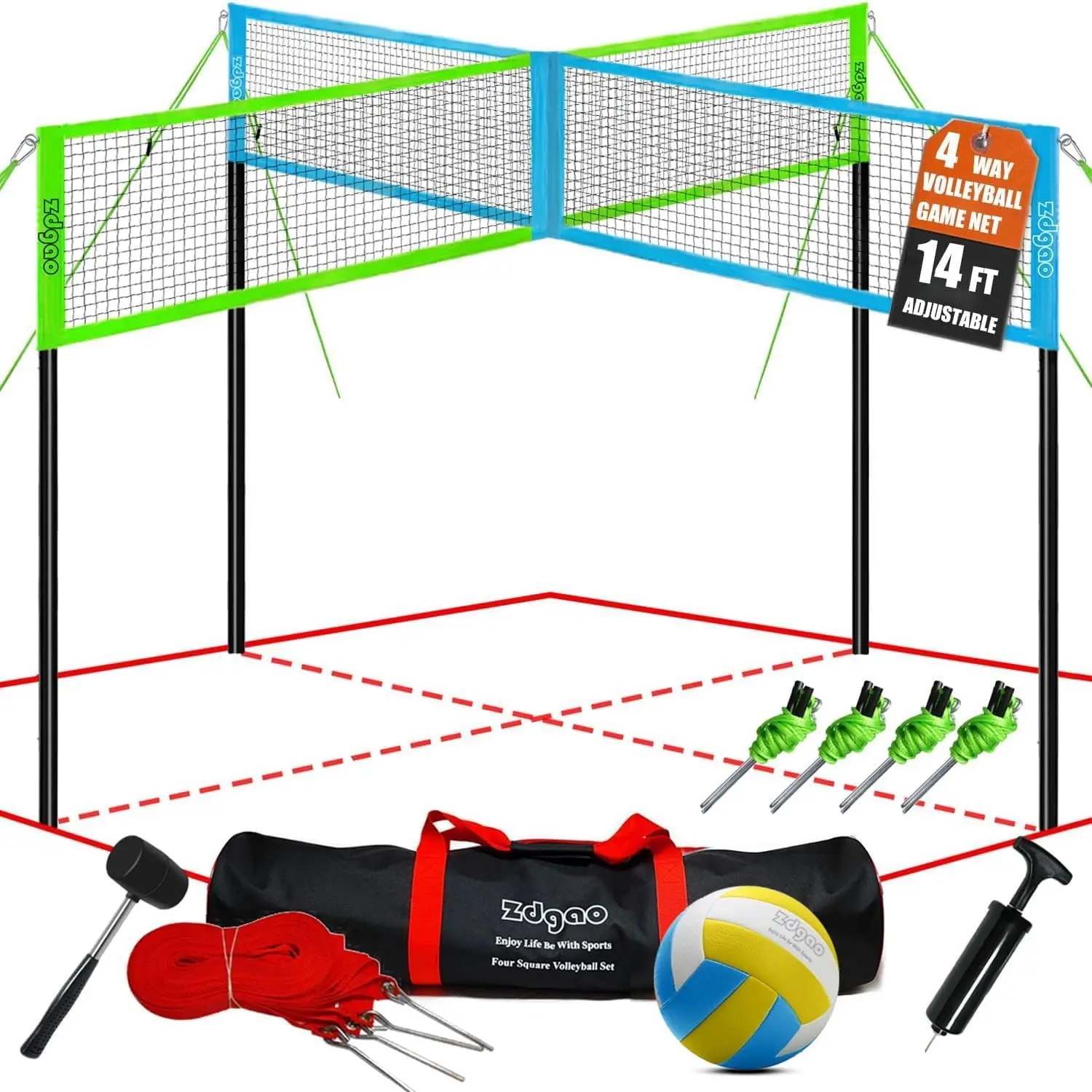 

14-20ft Adjustable 4-Way Volleyball & Badminton Combo Net with Soft Ball, Rubber Hammer, Carry Bag for Backyard Beach Games