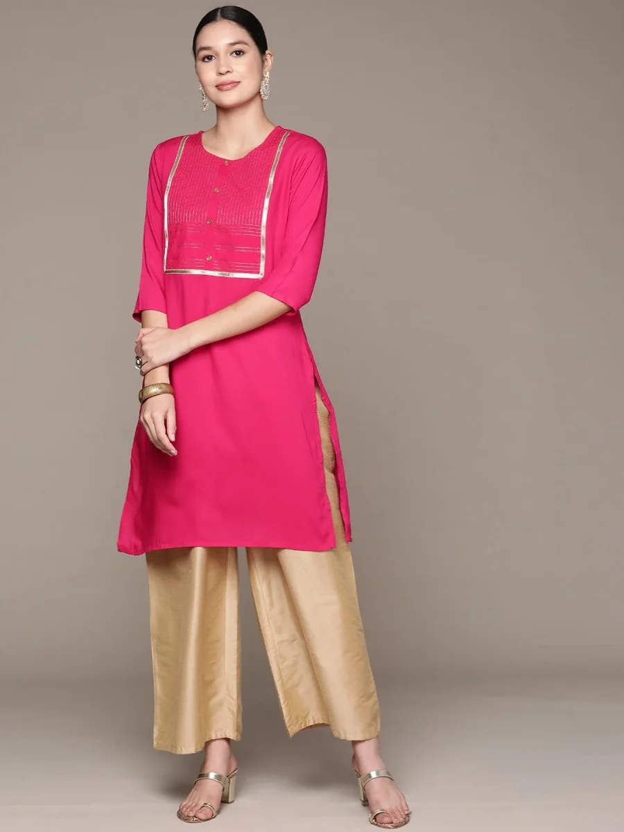 

Indian Mid Long Cotton Silk Top Ethnic Style Dress Pakistani Dress Top Thin Seven Quarter Sleeved Rose Pink Top Indian Dress