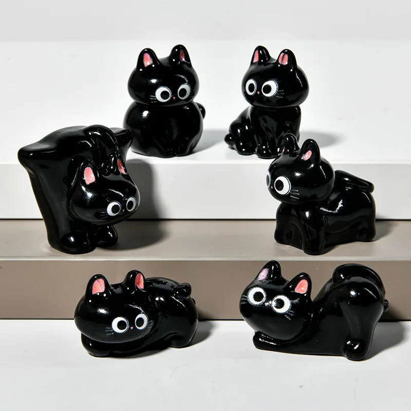 6PCS Cartoon Resin Black Cat Figurine Mini Cartoon Animal Ornaments Desktop Decoration Car Mounted Small Figurines Children Toy