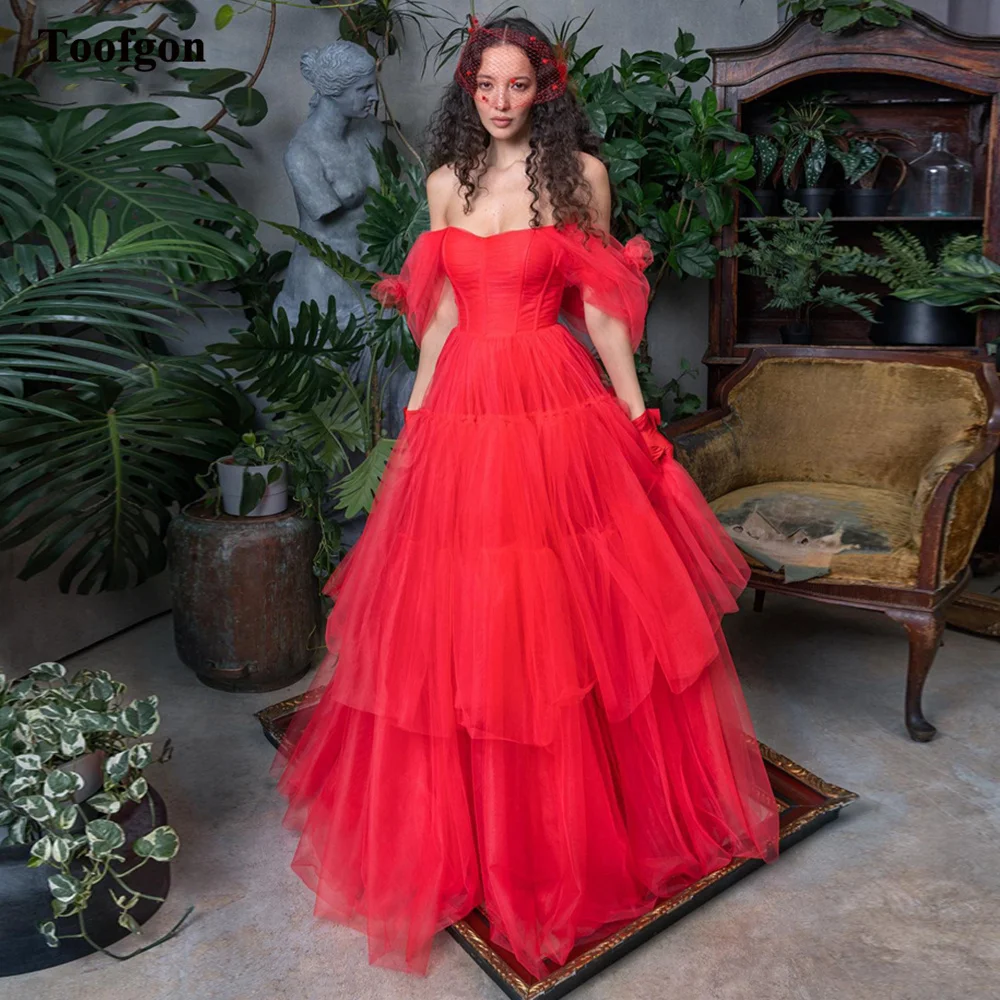 

Toofgon Red Layers Tulle Long Prom Dresses A Line Off The Shoulder Evening Gowns Women Formal Special Night Club Party Dress