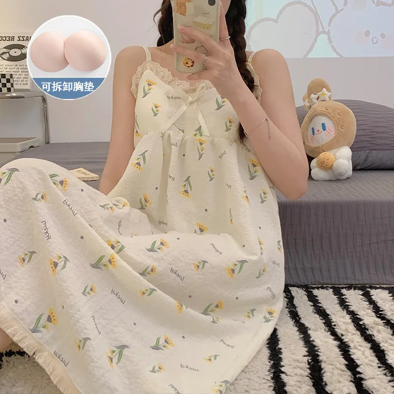 M-2XL Große Größe Schlaf Kleid Weibliche Sommer Süße Floral Sling Pyjamas Mittellanges Kleid Homewear Ärmellose Loungewear