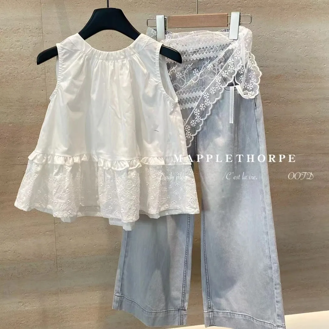 

Girls' Summer Set 2025 Children's Korean Version Doll Shirt+Jeans Two Piece Set Summer Clothing