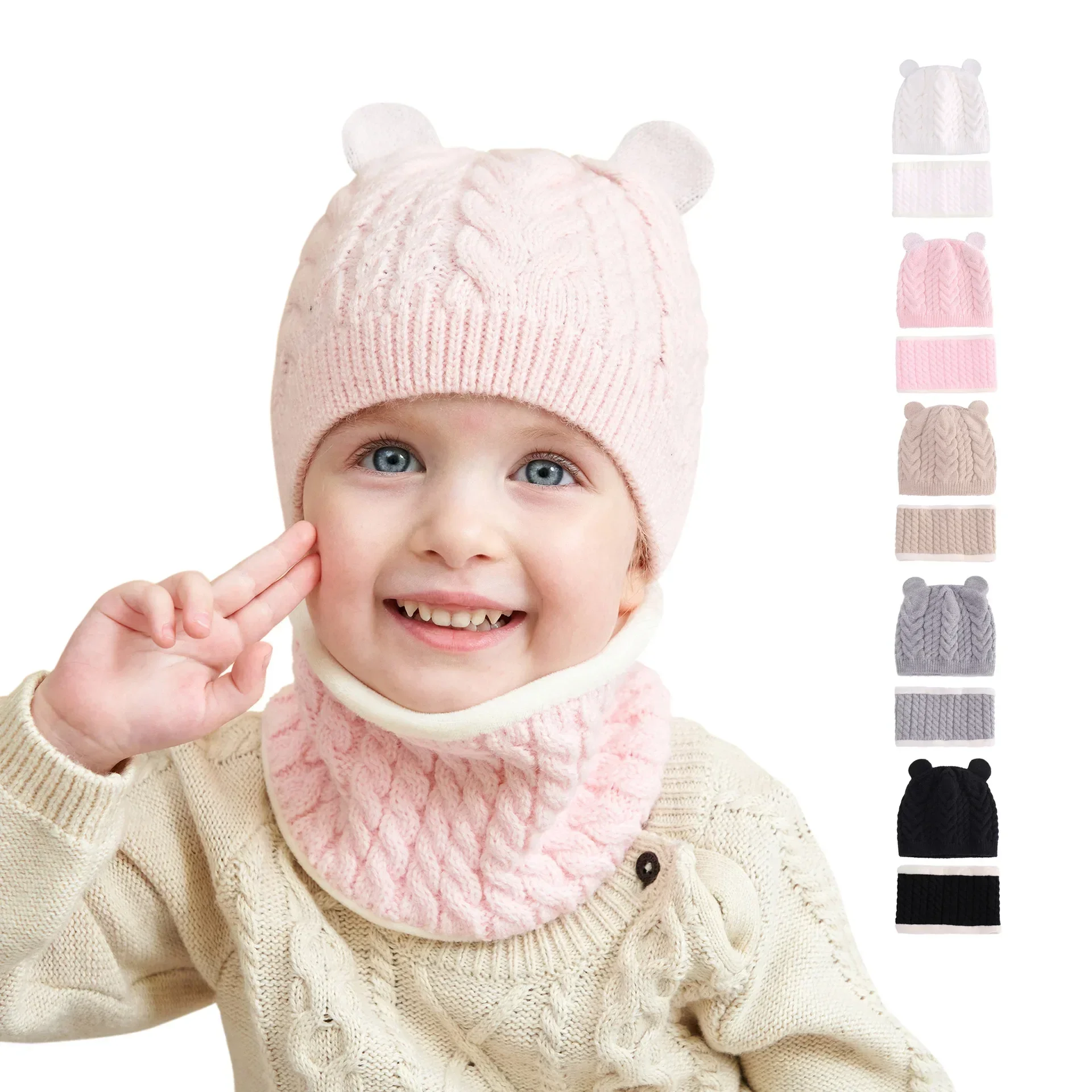 Hot Sale Lovely Kids Boy Girl Yarn Knitted Winter Warm Beanie Caps Soft Baby Hat Scarf Autumn Warm Neck Collar Kids Beanies Sets