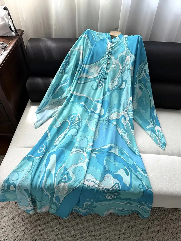 Spring Summer Fashion Beach Resort Geometric Pattern Print Silk Long Dress Women's Stand Collar Flare Sleeve Thin Style Dresses