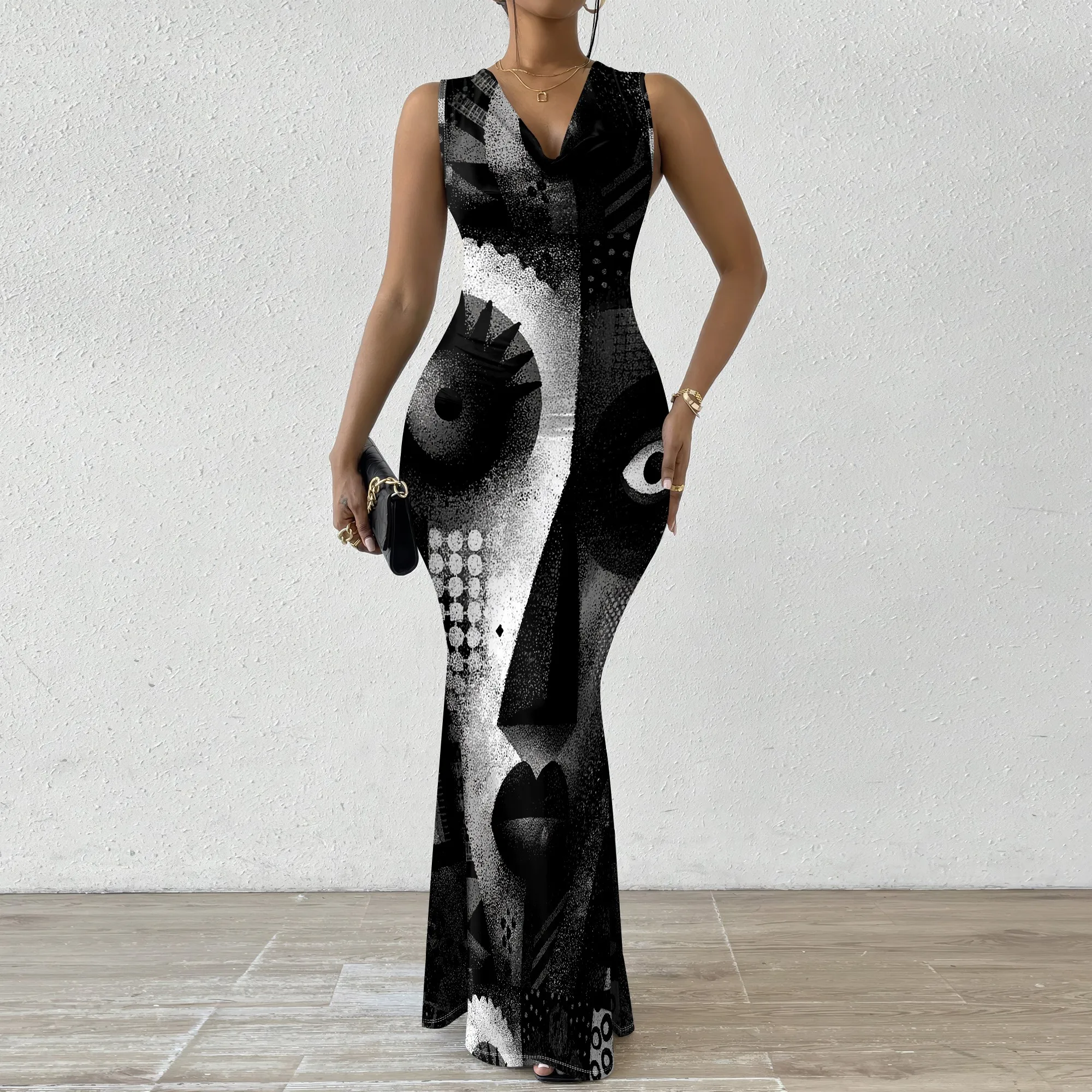 

Women's Elegant Abstract Art Print Dress Sleeveless V-Neck Bodycon Mermaid Gown for Evening Party XS-2XL
