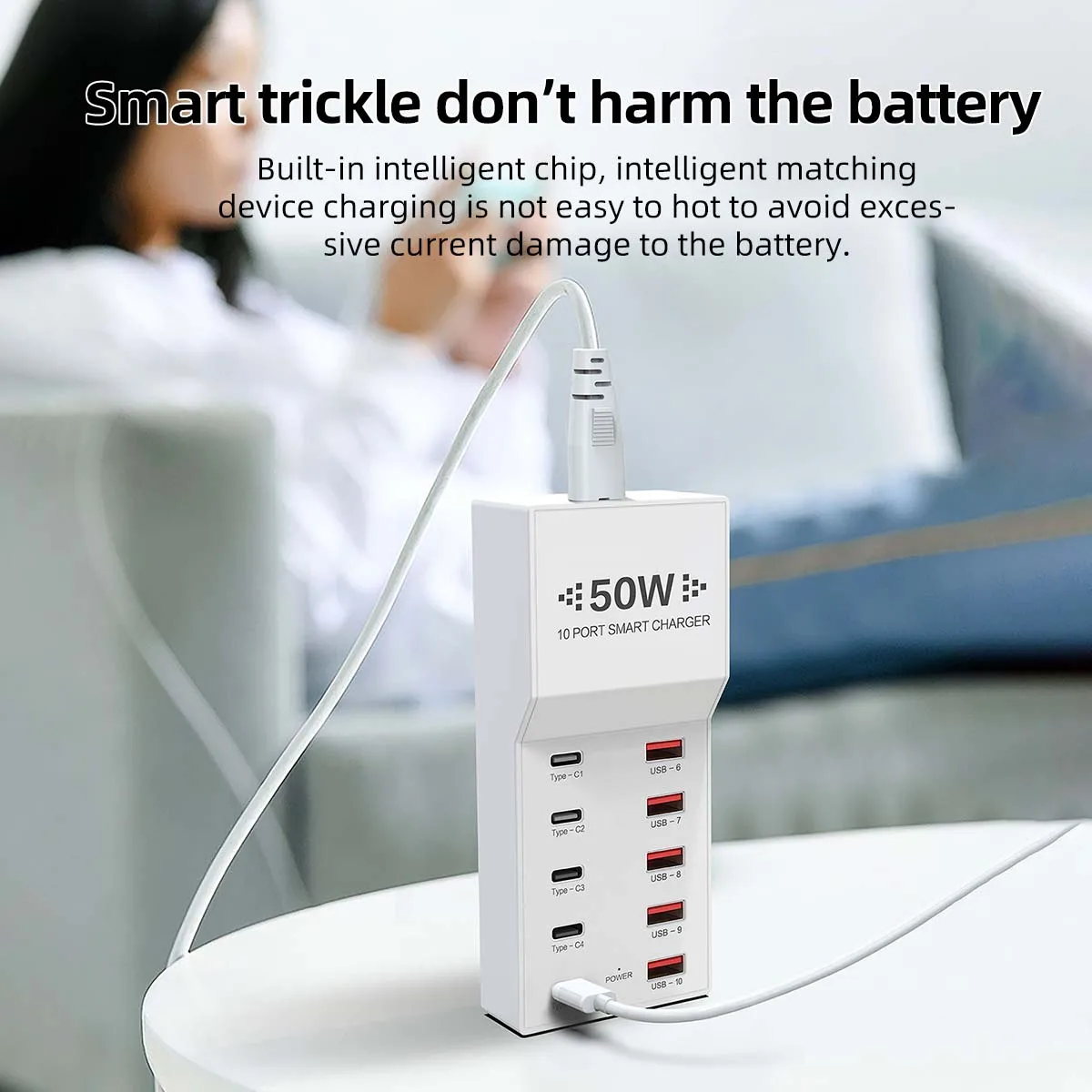 White 50W 5-Ports USB-A+PD QC 3.0 5-Prots Fast Charger Station For Android Apple mobile phone and Other USB Devices - náhled 3