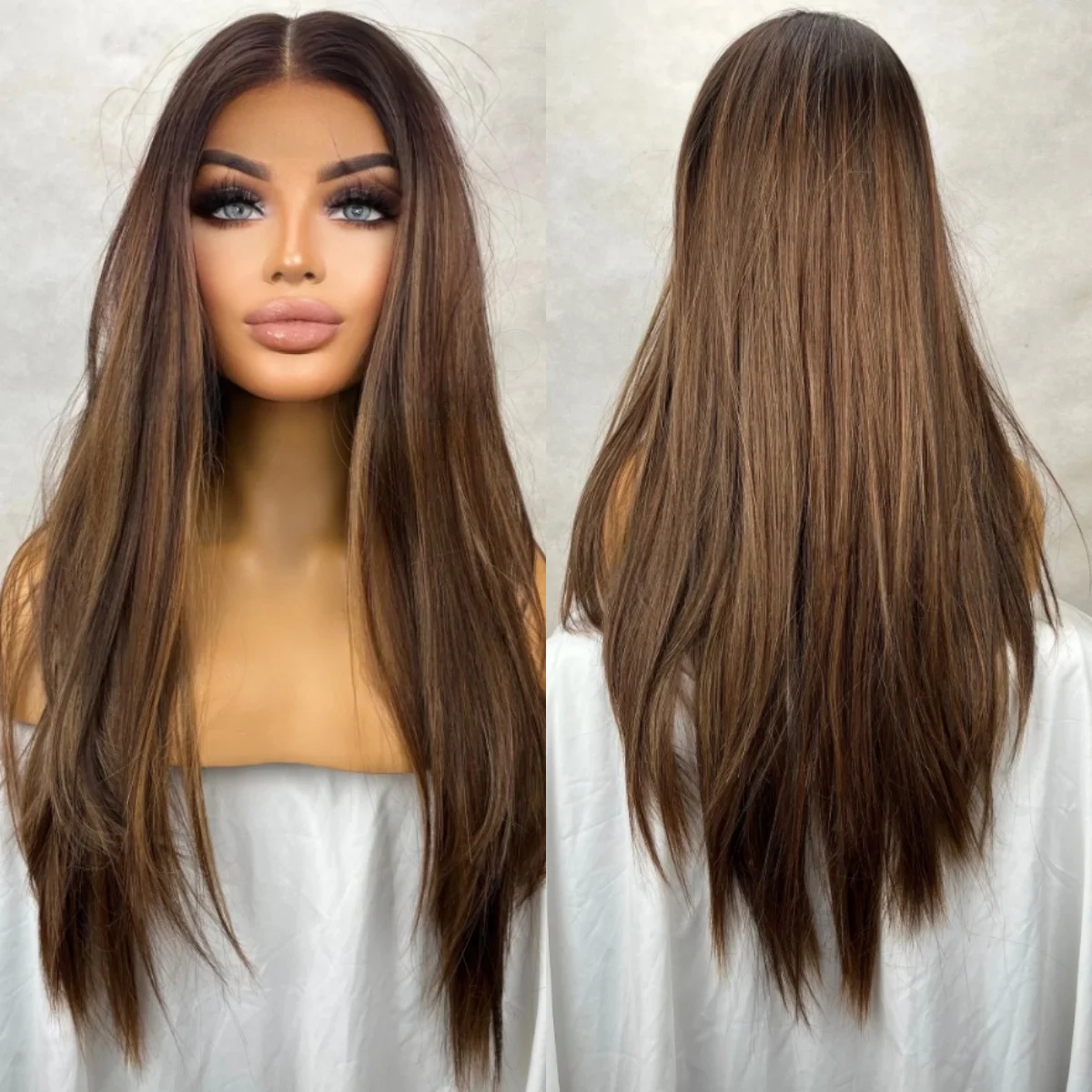 

Модный Ombre Шоколадно-коричневый синтетический парик спереди, женский длинный натуральный прямой бесклеевой парик для женщин, повседневное использование, одежда и выход