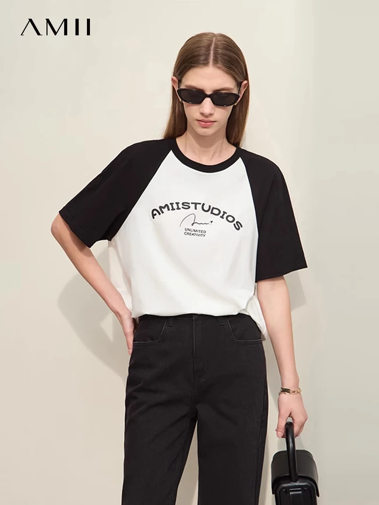 

Amii Minimalism Women T-Shirts 2024 Summer New Contrast Stitching Stretch T-shirt Letter Print Trendy Female Clothing 12442145