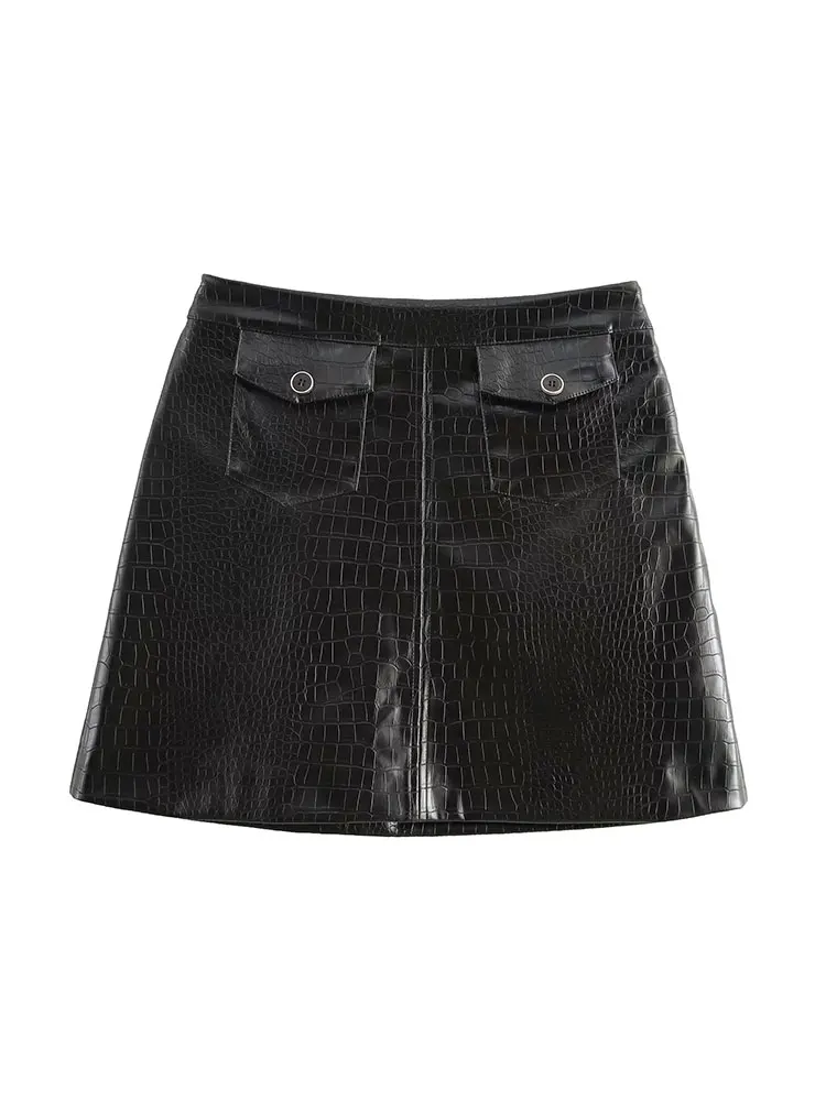 HH TRAF Women's Summer Fashion High Waist Pocket Zipper Decorated with Chic Embossed Leather Skirt Sexy Women's A-Line Skirt