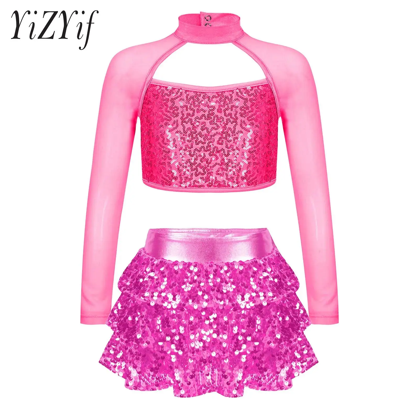 

Kids Girls Shiny Sequins Dance Outfit Cutout Crop Top with Ruffle Skirted Shorts Juniors Jazz Dance Costume Stage Dancewear