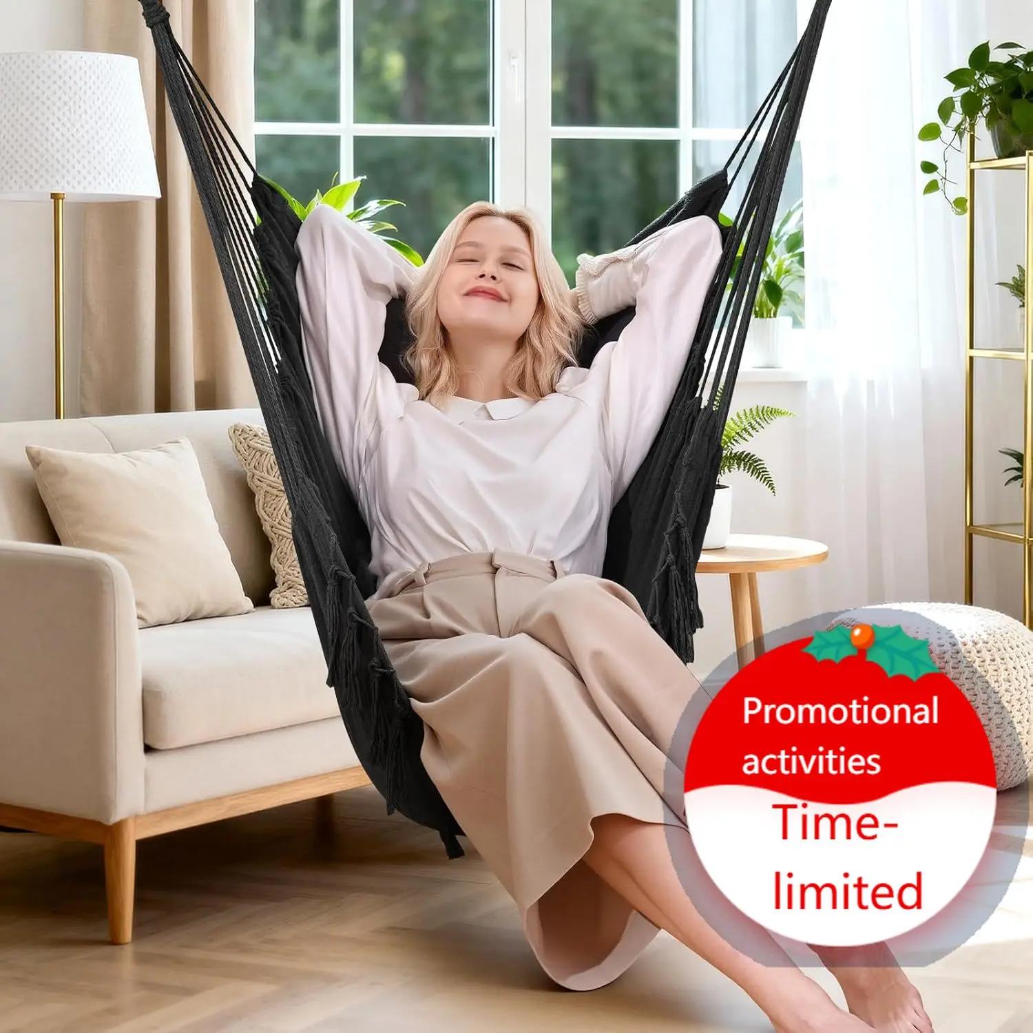 

Hammock Chair Hanging Rope Swing, Max 500 Lbs, 2 Cushions Included, Large Macrame Hanging Chair with Pocket, Cotton Weave for Su
