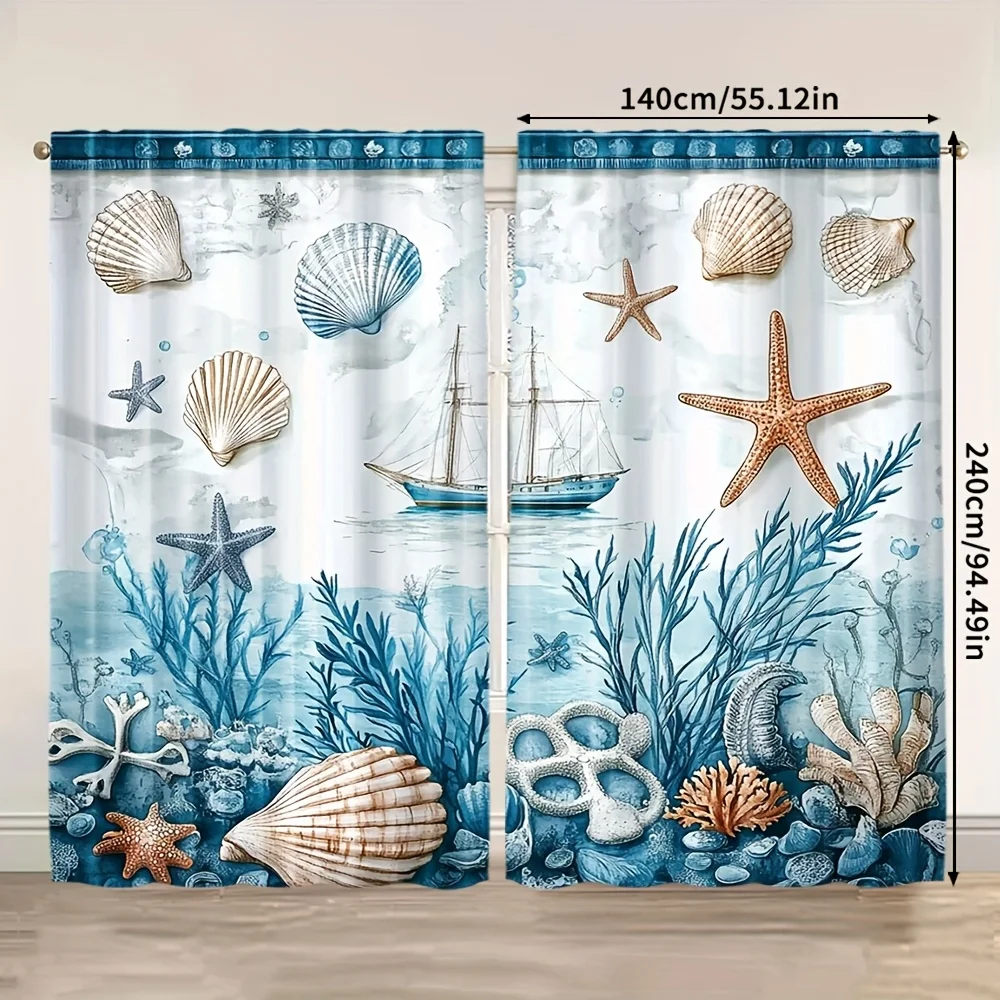 2pcs sea shell boat curtain for living room bedroom privacy and decor nautical style polyester fabric Without curtain rod