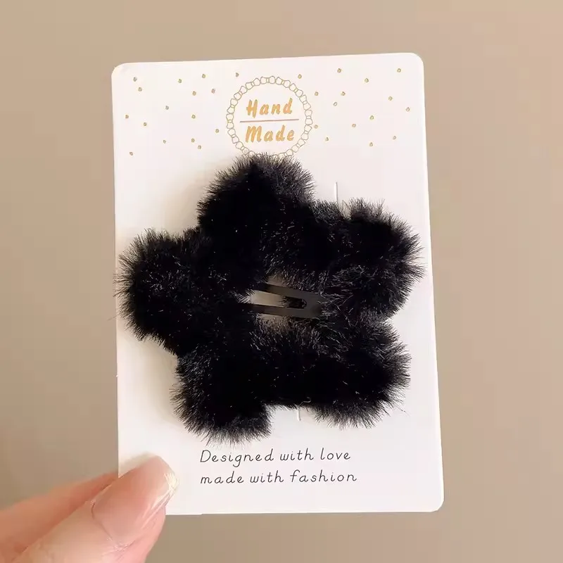 2pcs/pack Girls Sweet Fluffy Star Hairpins Children Kids Faux Fur Bobby Pin Solid Color Pentagram Hair Clip Cute Side Hair Grip