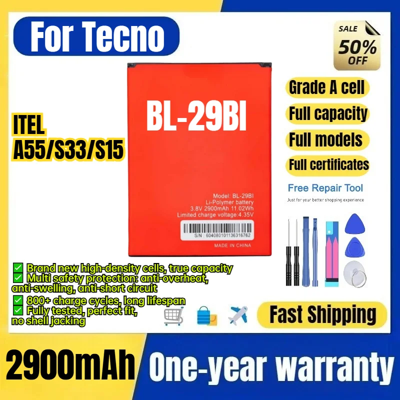 BL-29BI for Tecno ITEL A55/S33/S15 Phone Battery 0 Cycle High Quality High Capacity Replacement Bateria Grade A Cell with Tools