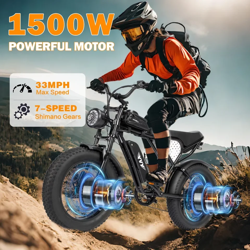 YVY K20 Electric Bike for Adults 1500W 33MPH 48V 20Ah Removable Battery 20" for Mountains Sand Fat Tire Ebike Motorcycle