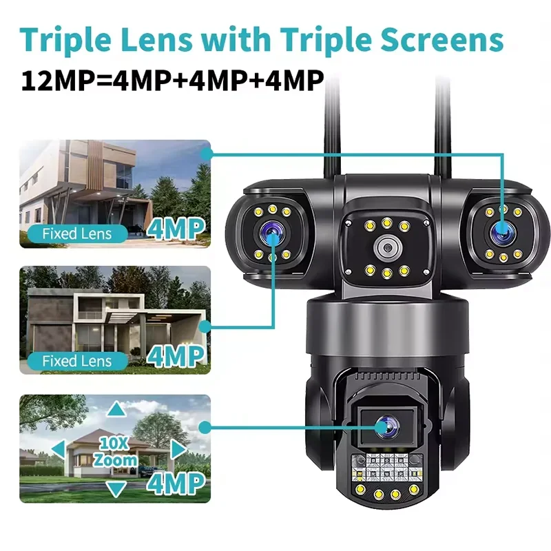V380 Pro Three Lenses Three Screens Camera 12MP Multi-Angle Color Night Vision WiFi PTZ Security IP Camera CCTV Surveillance Cam