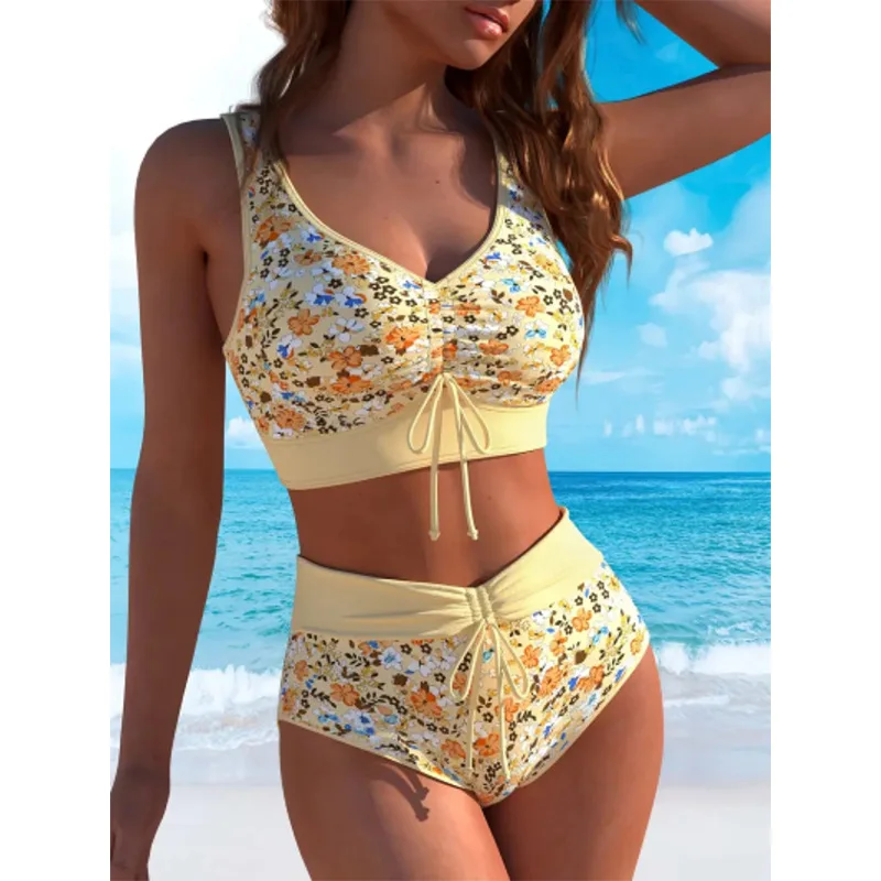 2025 Women Sexy Backless Bikini Set Women's Halter Tie Two Piece Swimwear Summer Holiday Floral Vintage Swimsuit Womens Clothing