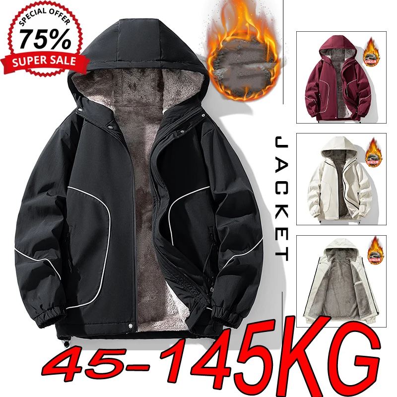 M-8XL Plus Velvet Men's Jackets Large Size Autumn Winter Hooded Plus Cotton Thickened Windbreaker Big Size Sports Warm Coats