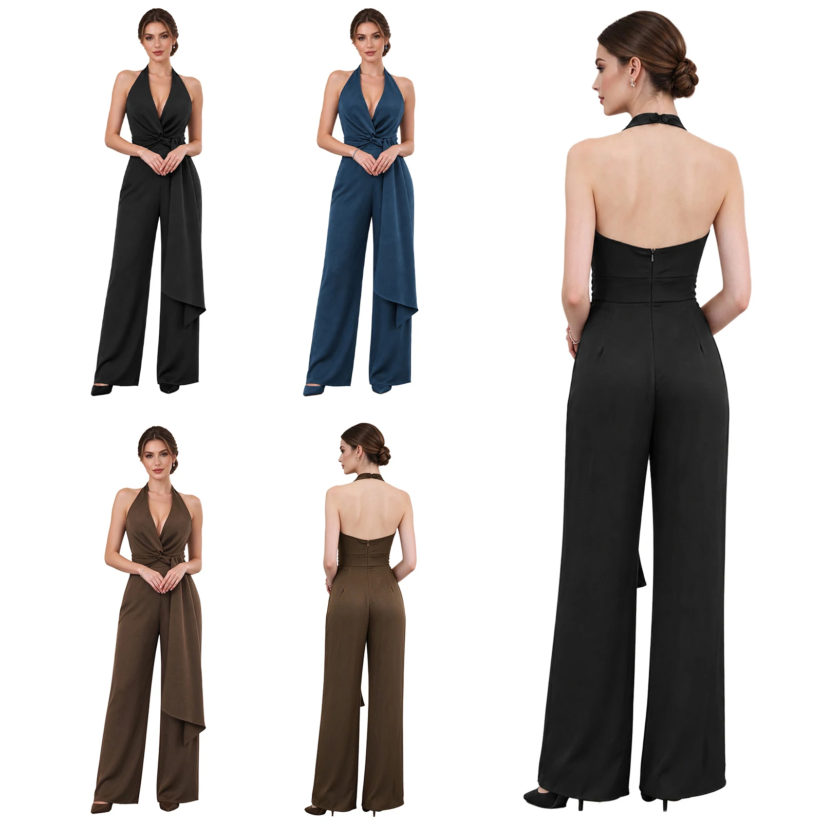 Women Cocktail Party Dress Up One Shoulder Satin Jumpsuit Long Ruched Sleev Pleated Waist Wide-leg Bodysuit Formal Event Wedding